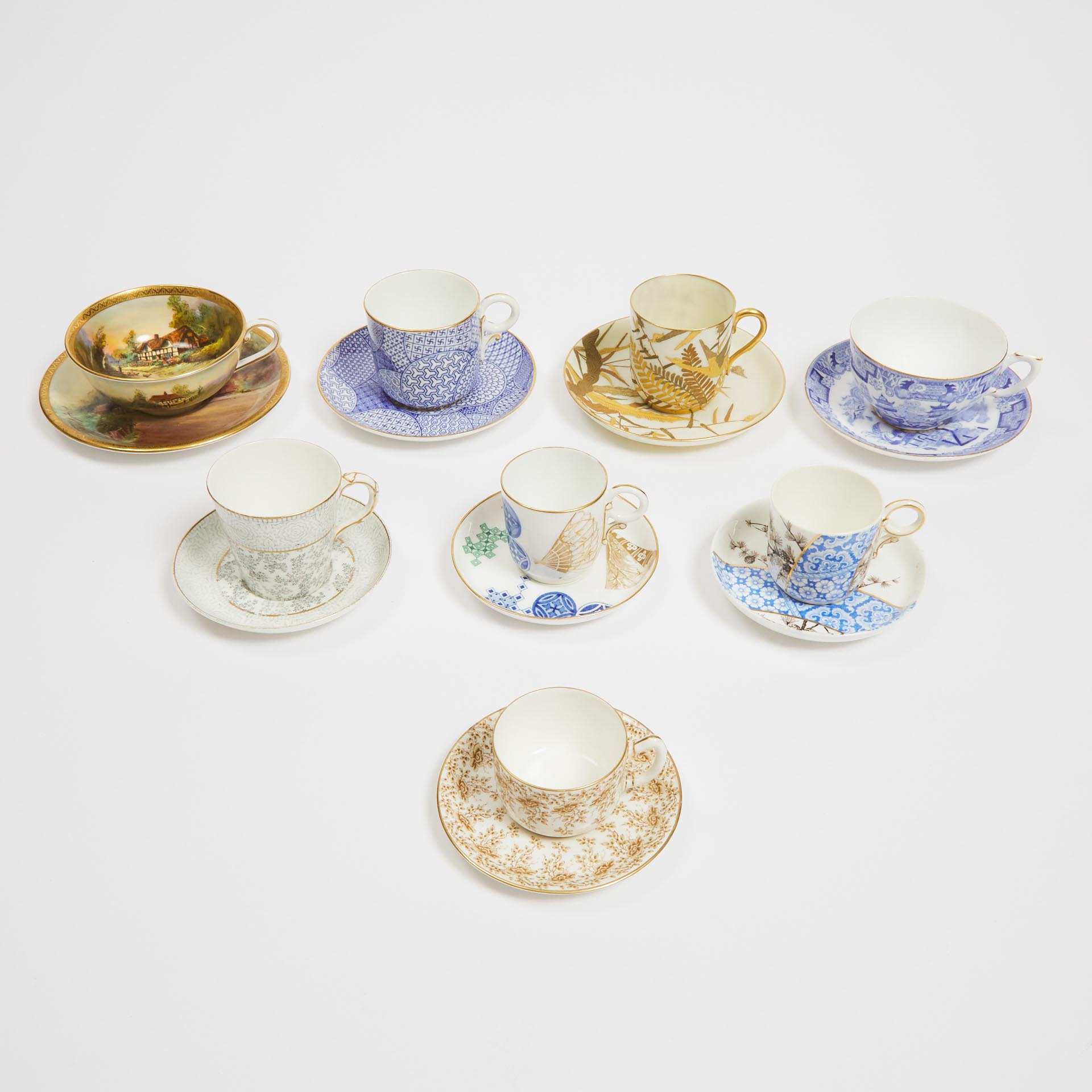 Eight Various Royal Worcester Cups and Saucers, c.1870-1930