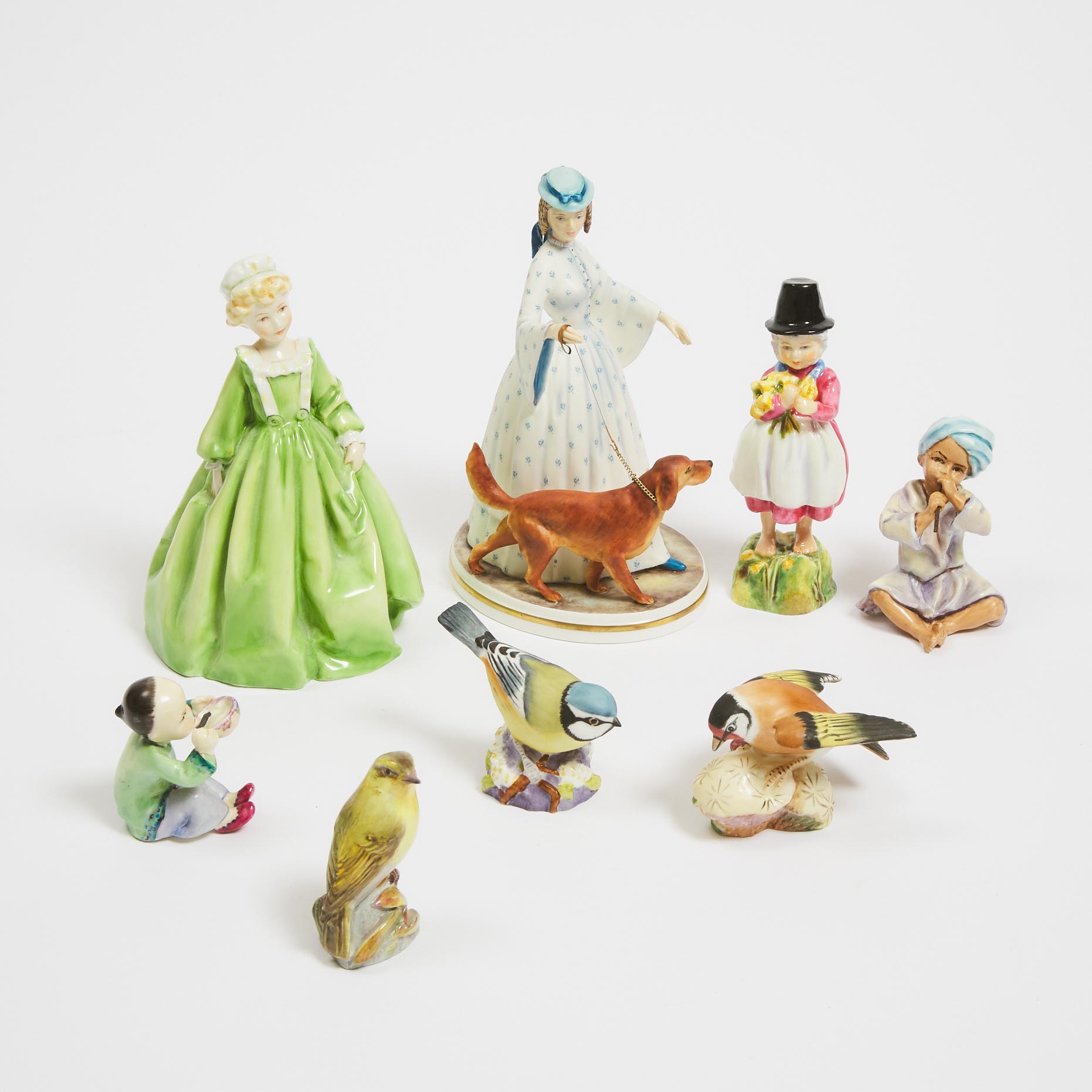Five Royal Worcester Figures and Three Small Bird Models, 20th century
