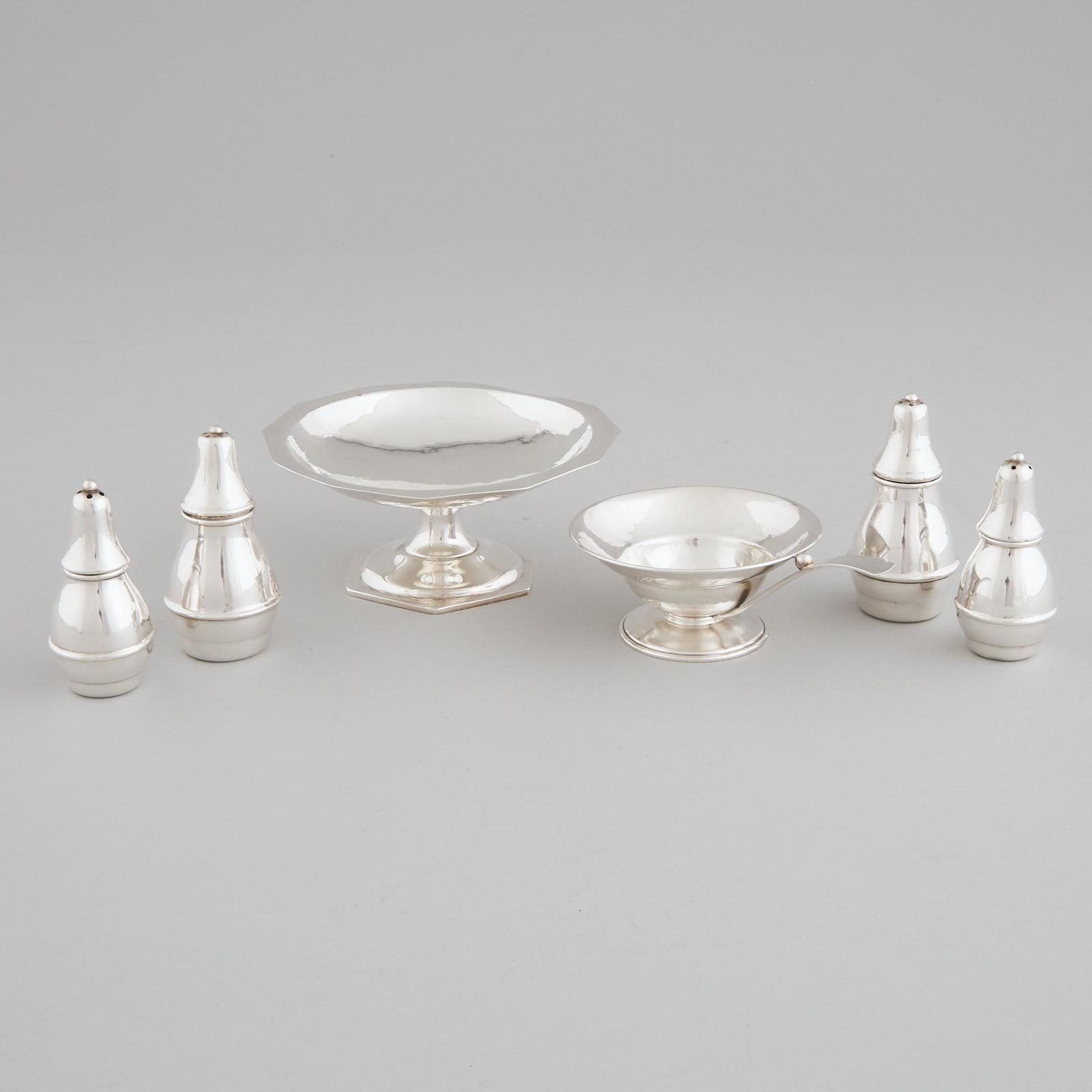 Canadian Silver Small Footed Comport, Two Pairs of Salt and Pepper Casters and a Single-Handled Dish, Poul Petersen, Montreal, Que., mid-20th century