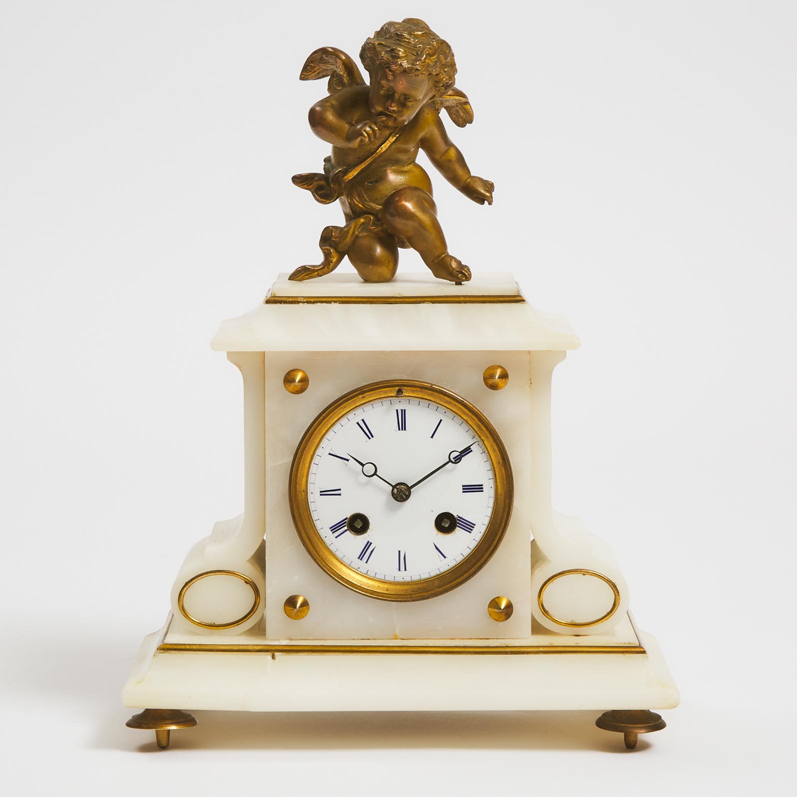 French Gilt Metal Mounted White Alabaster Figural Mantle Clock, c.1880