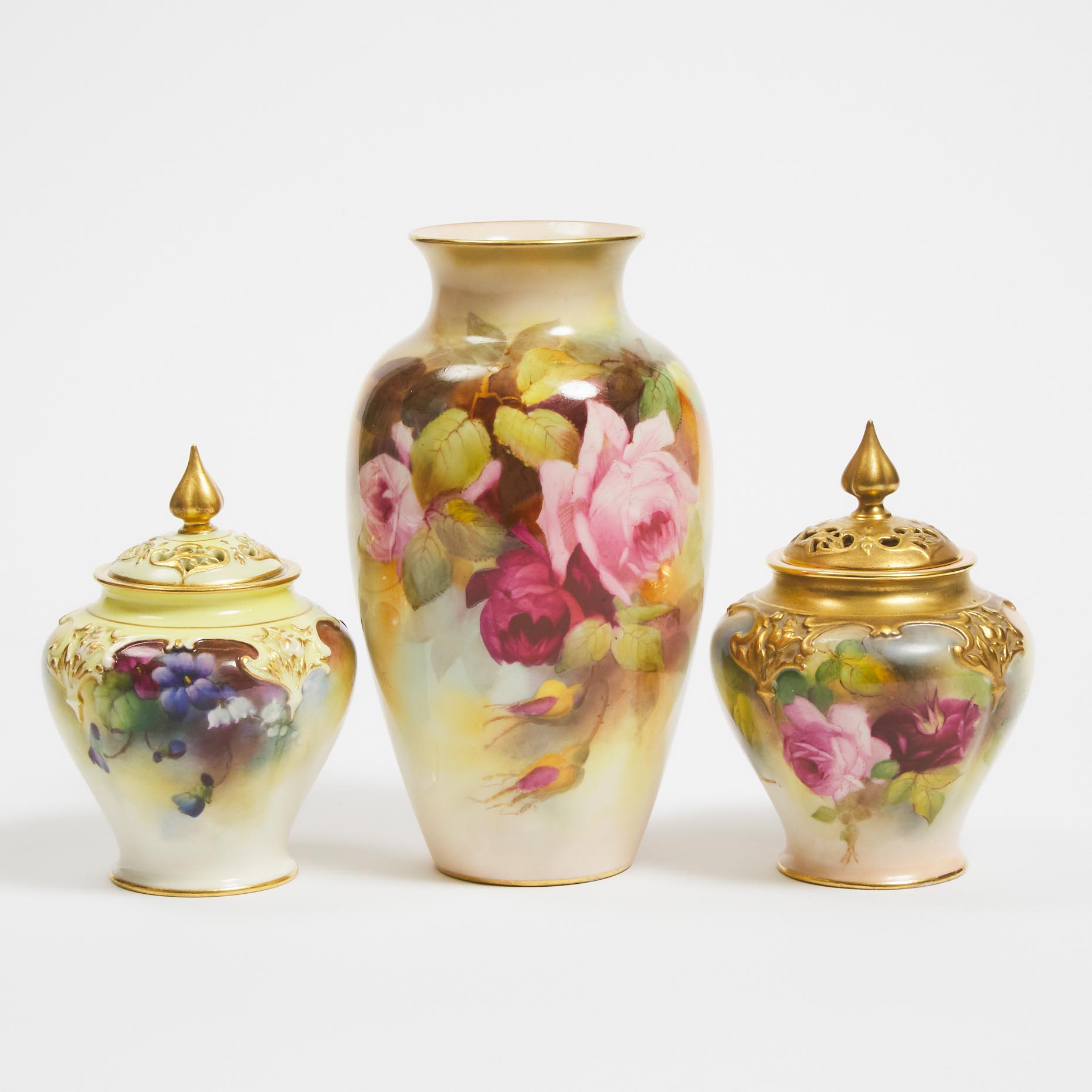 Royal Worcester Hadley Roses Vase and Two Potpourri Vases with Covers, c.1905-17
