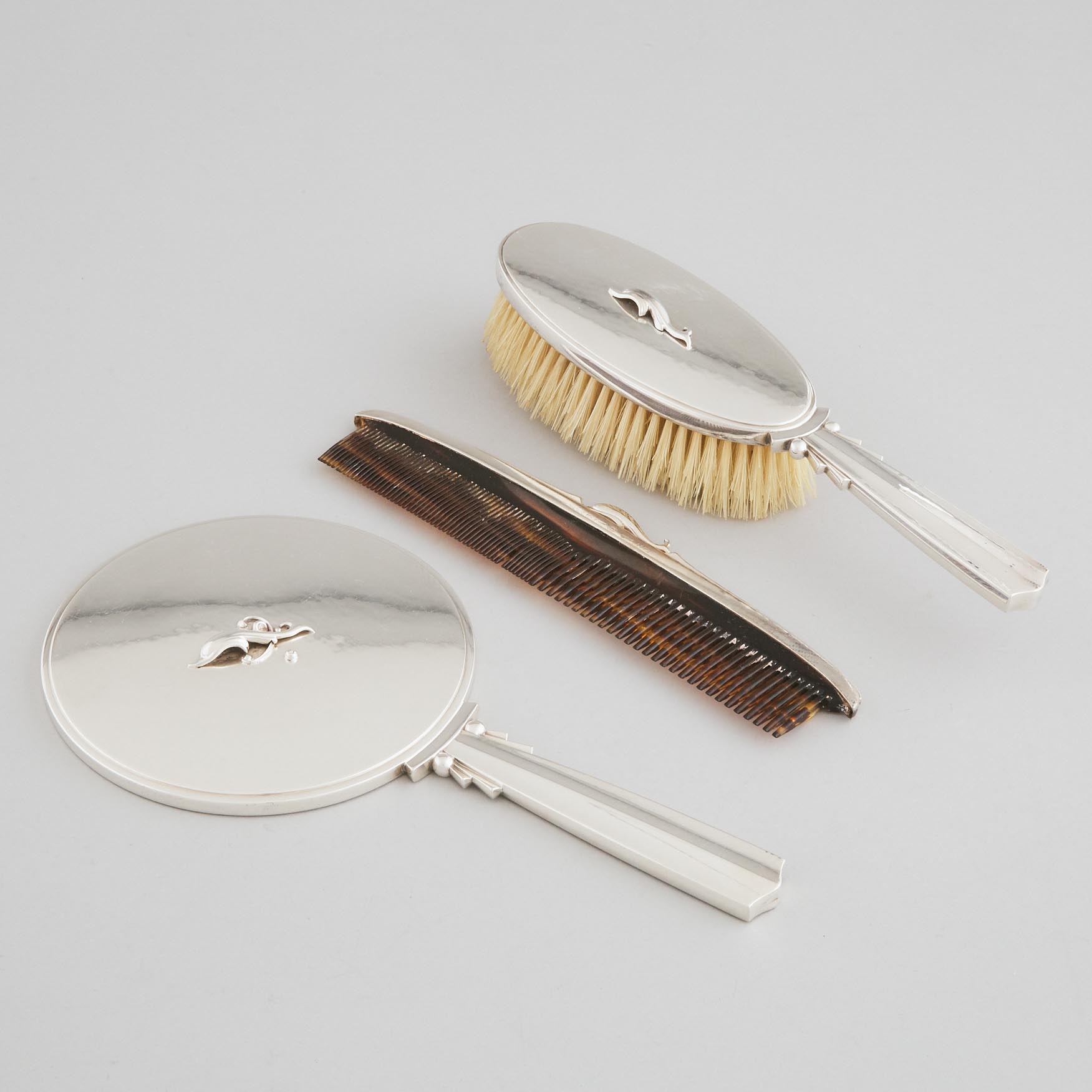 Danish Silver Mounted Hand Mirror, Hair Brush and Comb, #150A, Harald Nielsen for Georg Jensen, Copenhagen, post-1945
