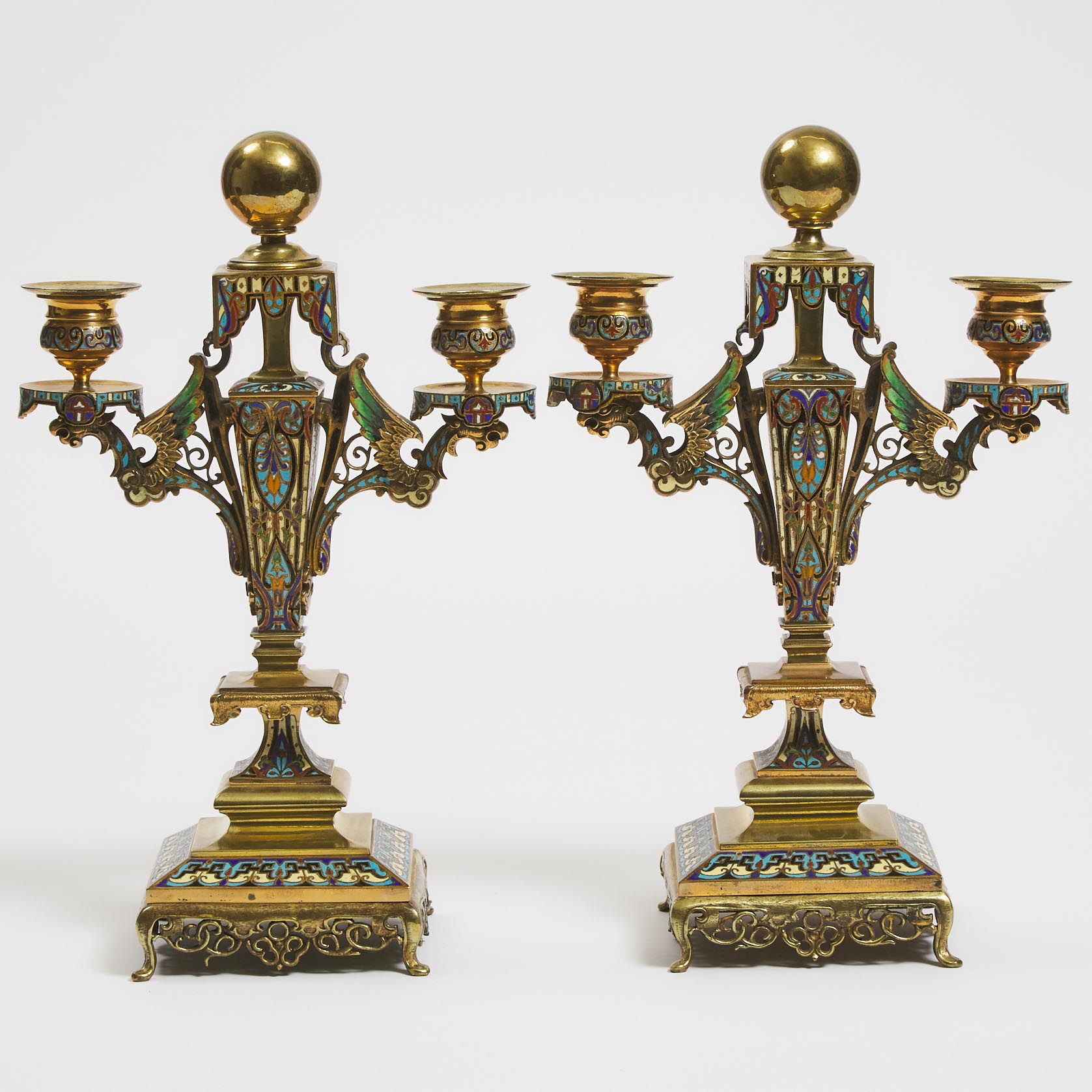 Pair of French Aesthetic Movement Champlevé Enamelled Gilt Bronze Two-Light Candelabra, c.1870