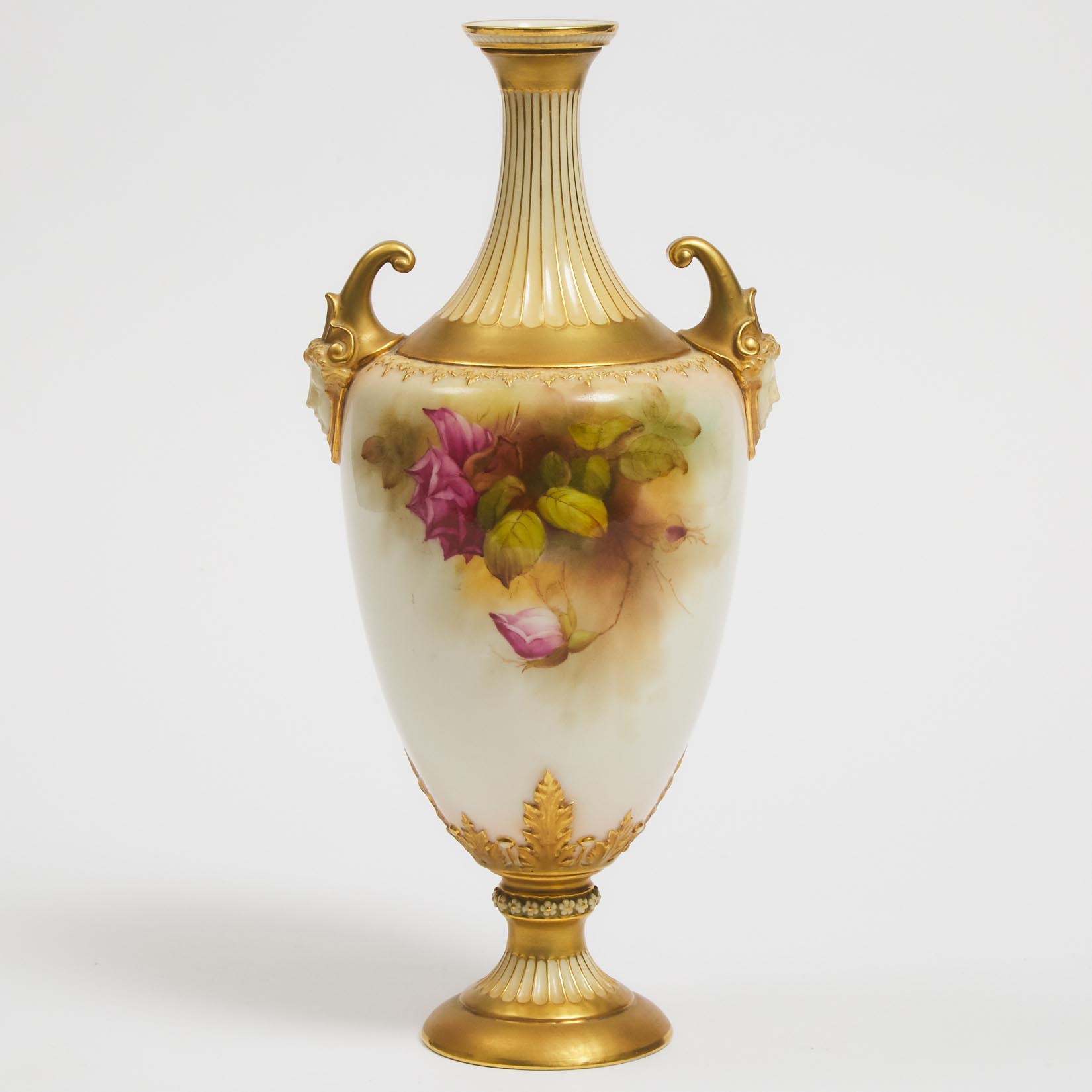 Royal Worcester Pink Roses Two-Handled Vase, Reginald Austin, 1912