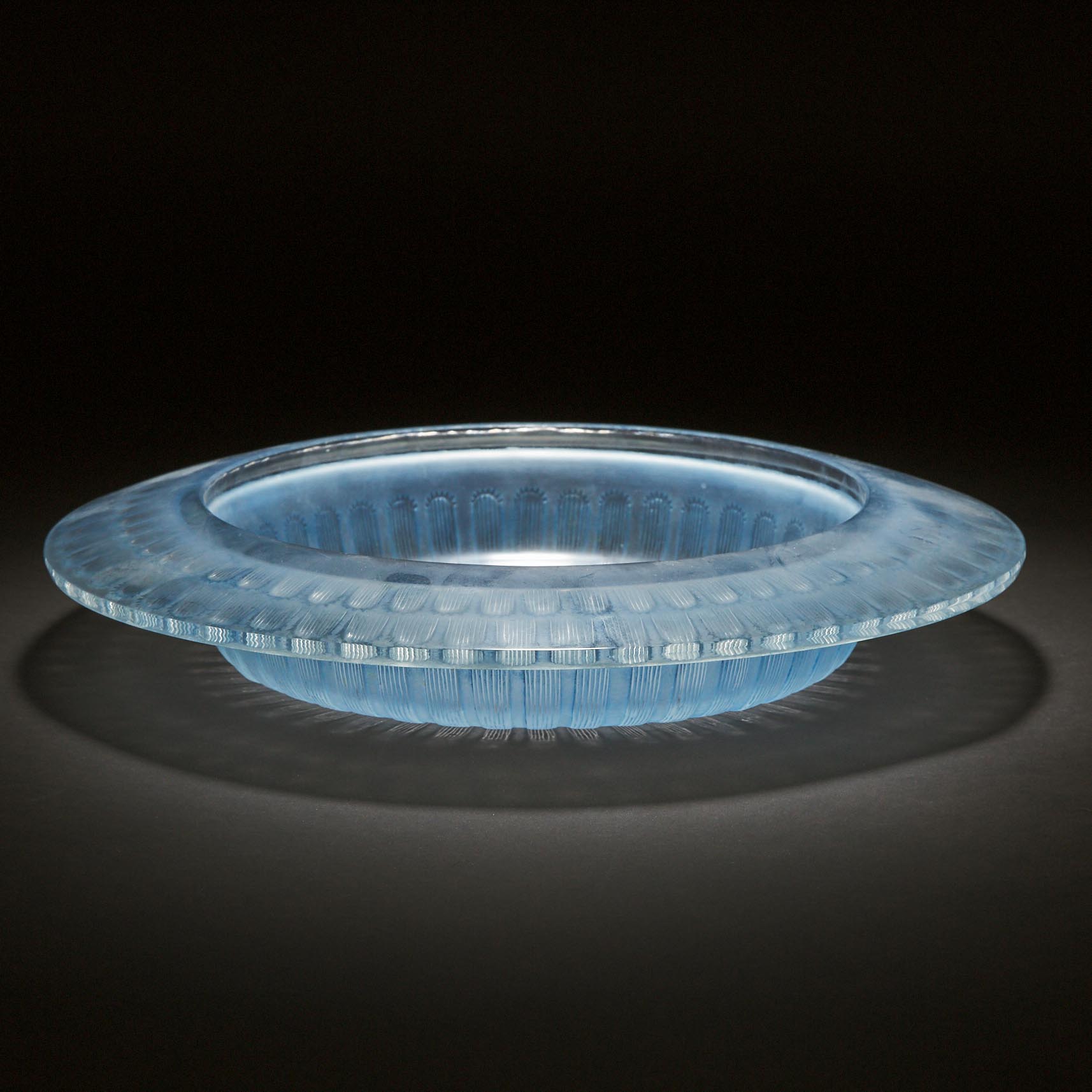 'Hélianthe', Lalique Moulded, Frosted and Blue Enameled Glass Shallow Bowl, 1930s