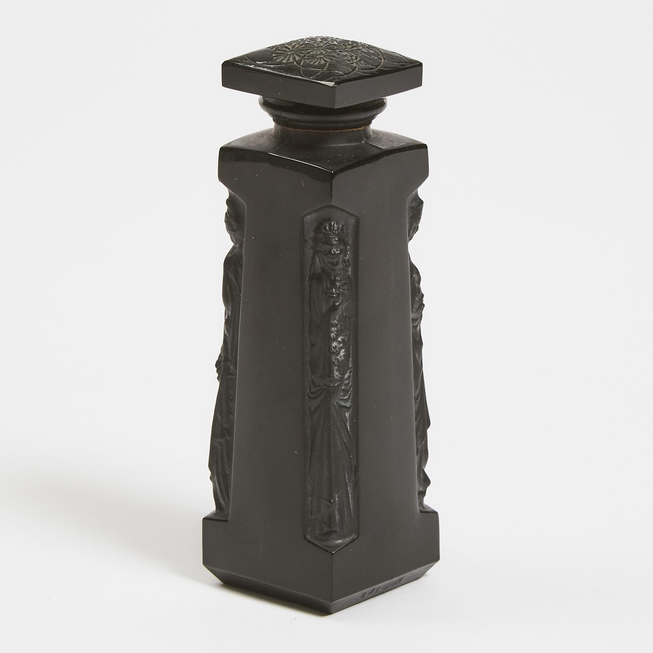 'Ambre', Lalique Moulded and Partly Frosted Black Glass Perfume Bottle, for D'Orsay, c.1920
