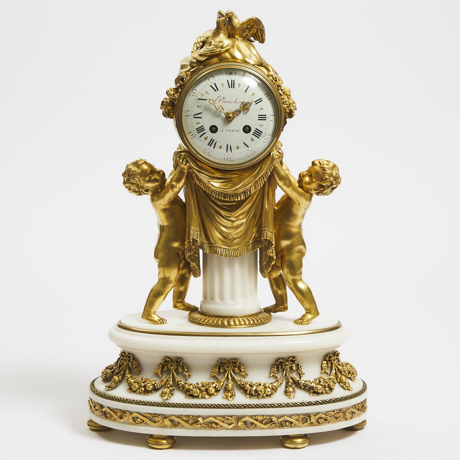 French Gilt Bronze Mounted White Marble Figural Mantle Clock, Planchon à Paris c.1900