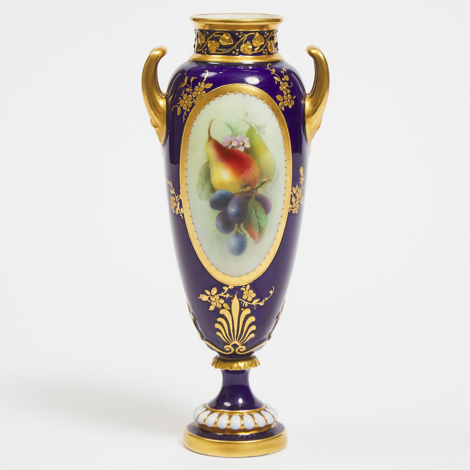 Royal Worcester Blue Ground Fruit Painted Two-Handled Vase, Richard Sebright, 1907