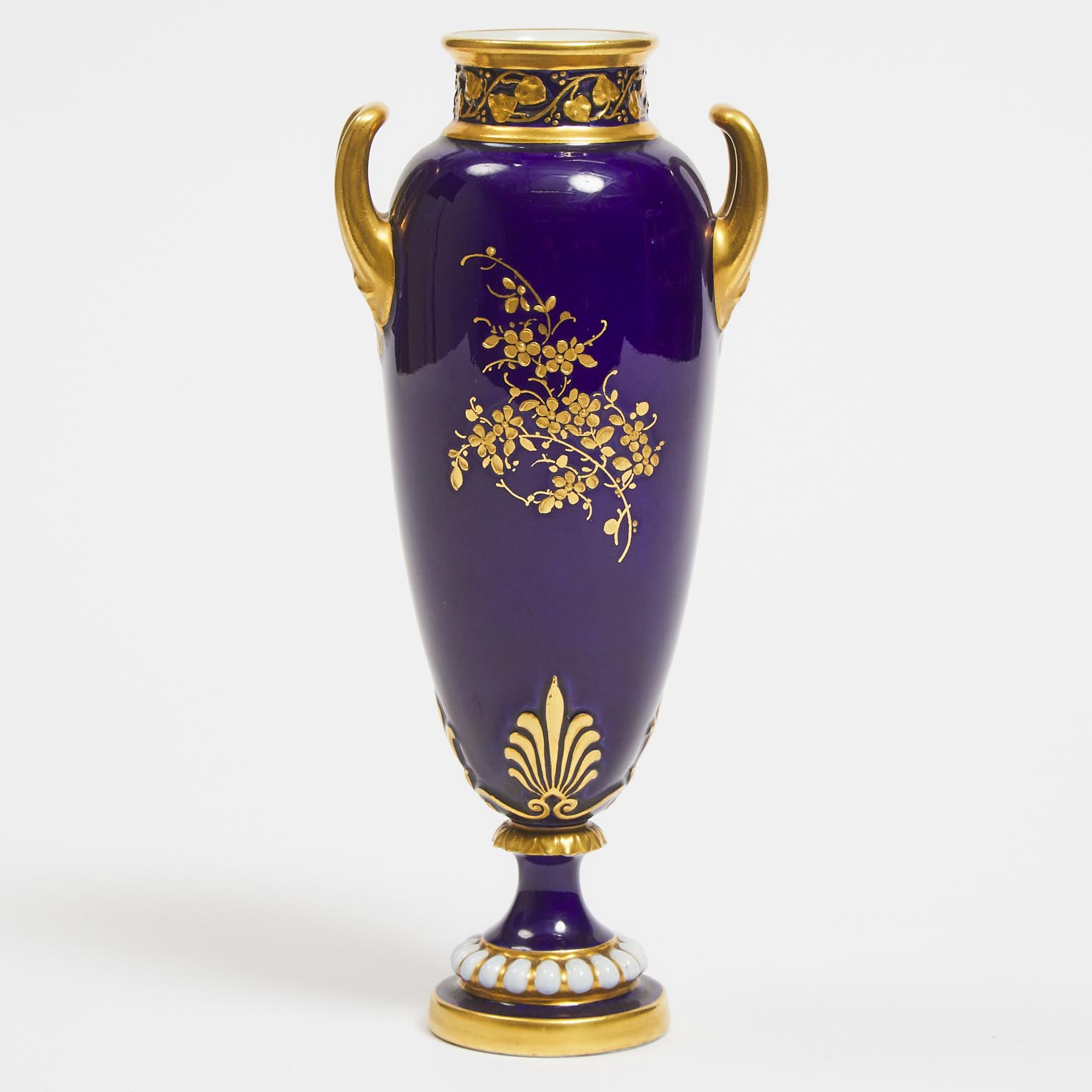 Royal Worcester Blue Ground Fruit Painted Two-Handled Vase, Richard Sebright, 1907