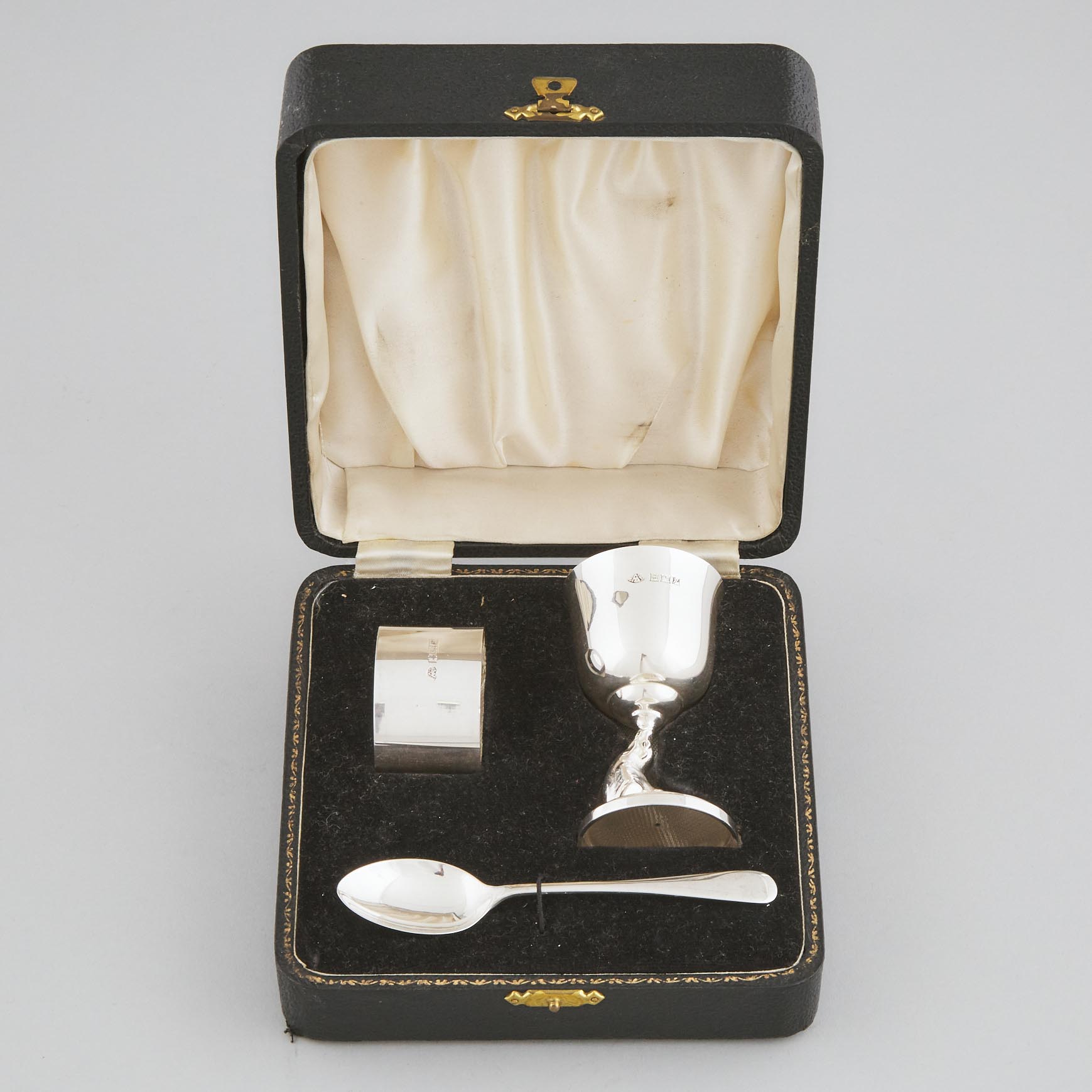 English Silver Child's Egg Cup, Spoon and Napkin Ring, Adie Bros., Birmingham, 1955