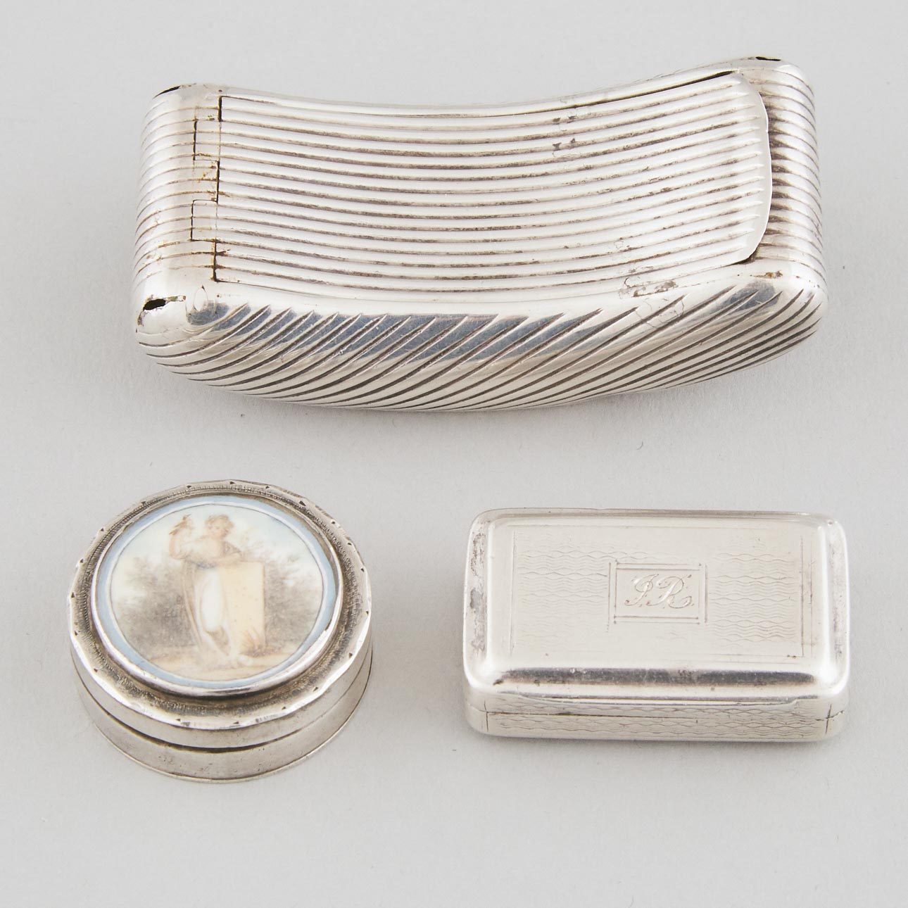 Two English Silver Snuff Boxes and a Vinaigrette, c,1810