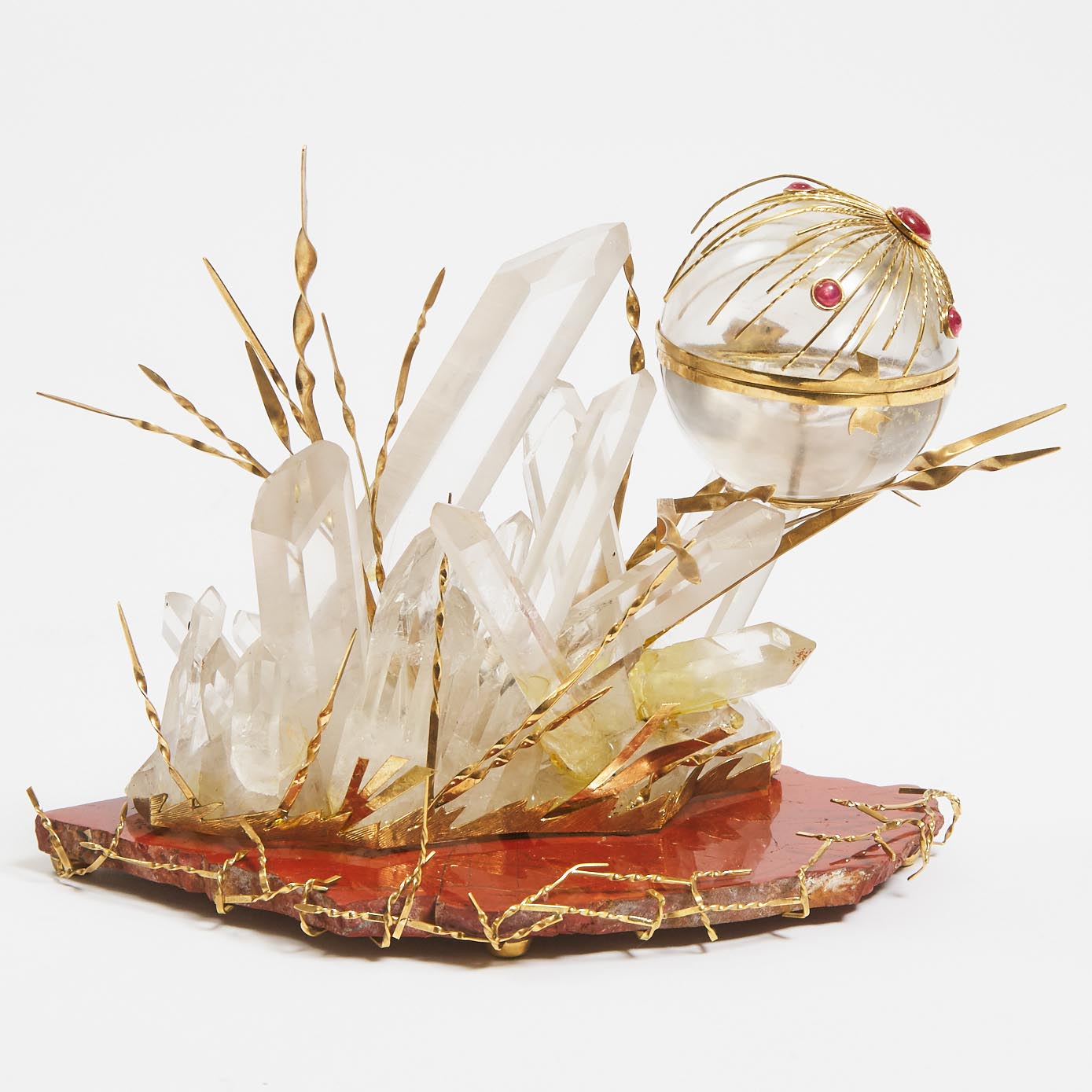 Italian Gold Mounted Rock Crystal and Red Jasper Table Ornament, late 20th century