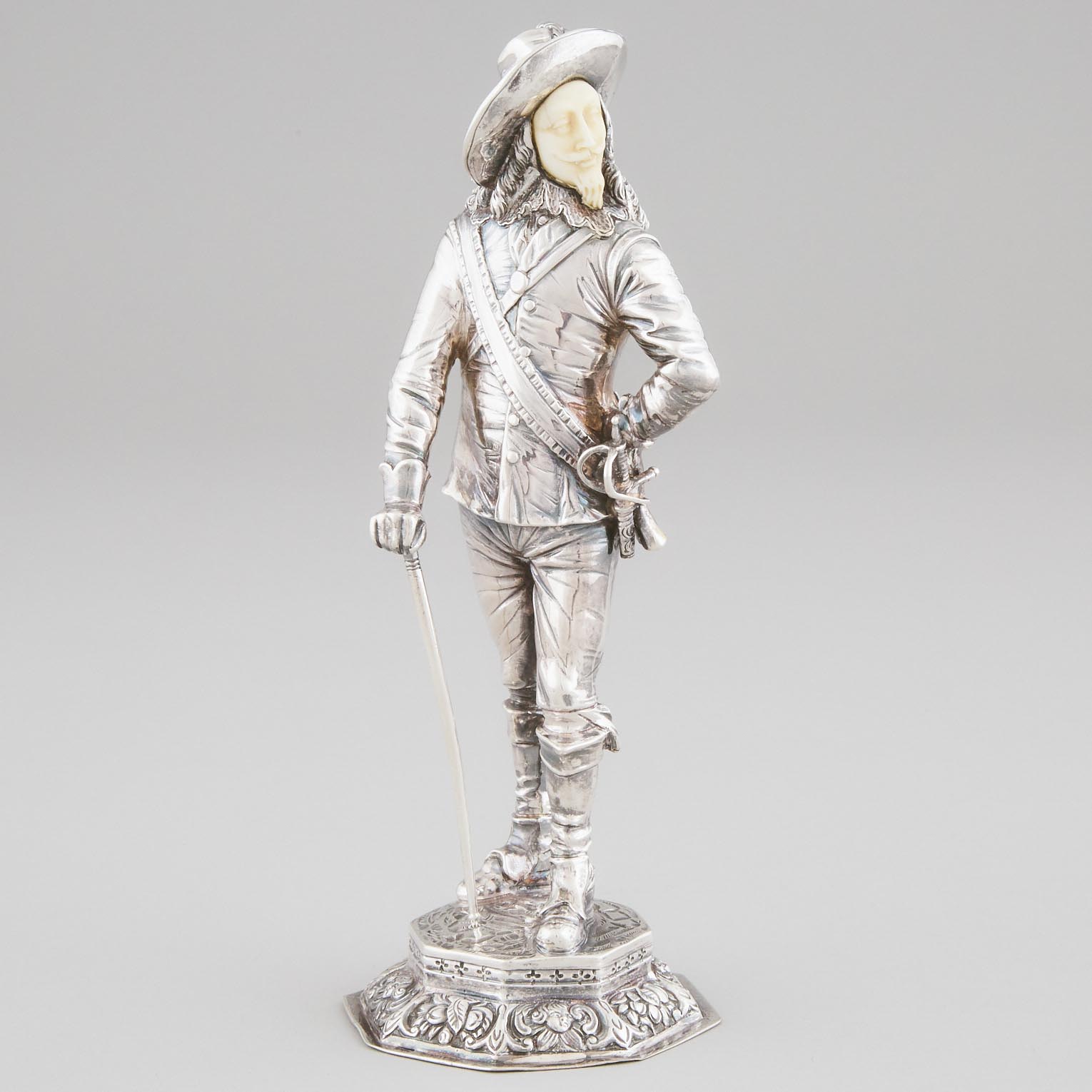 German Silver and Carved Ivory Figure of a Cavalier, Ludwig Neresheimer & Co., Hanau, c.1910