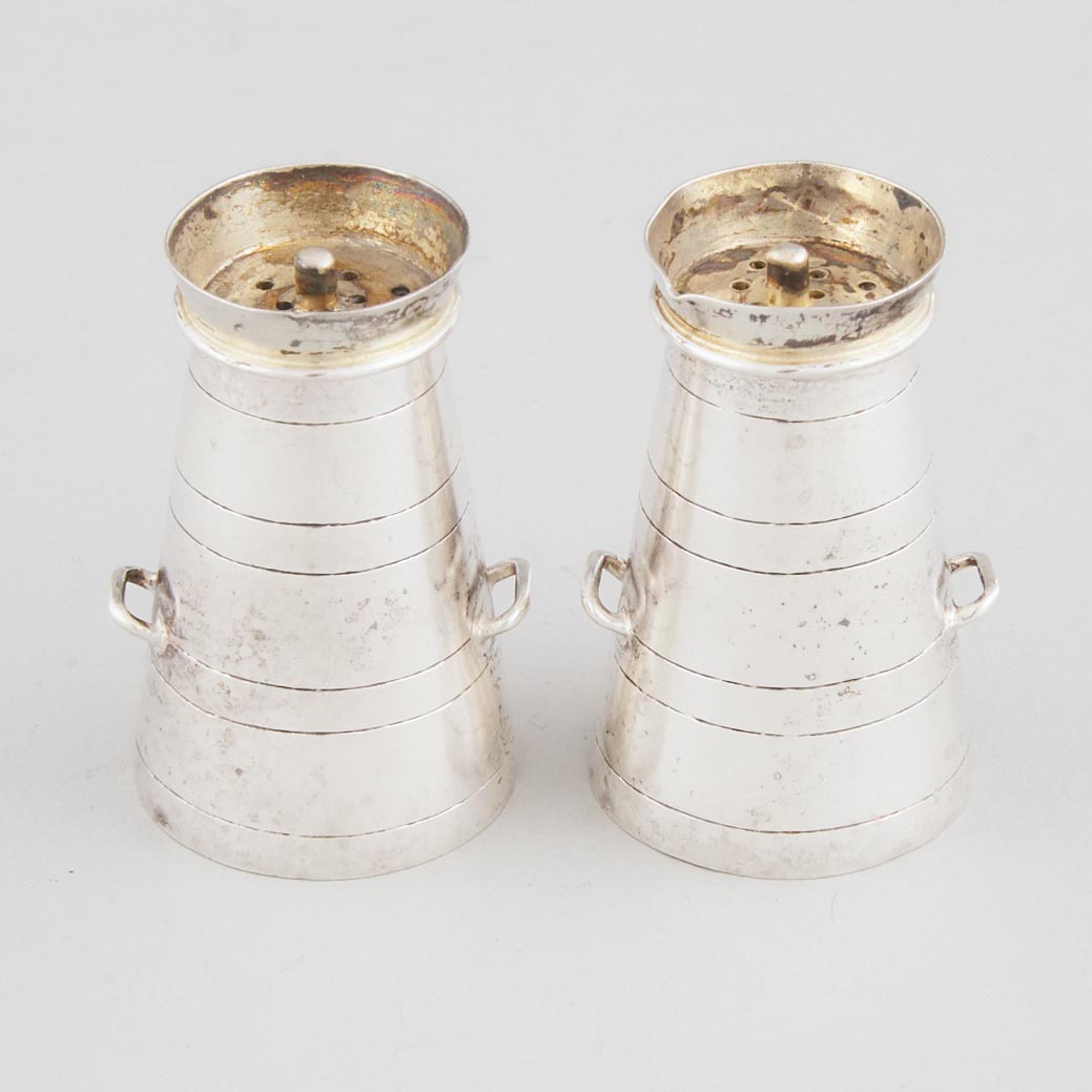 Pair of Late Victorian Silver Milk Churn-Form Salt and Pepper Casters, Cornelius Saunders & Frank Shepherd, Chester, 1900