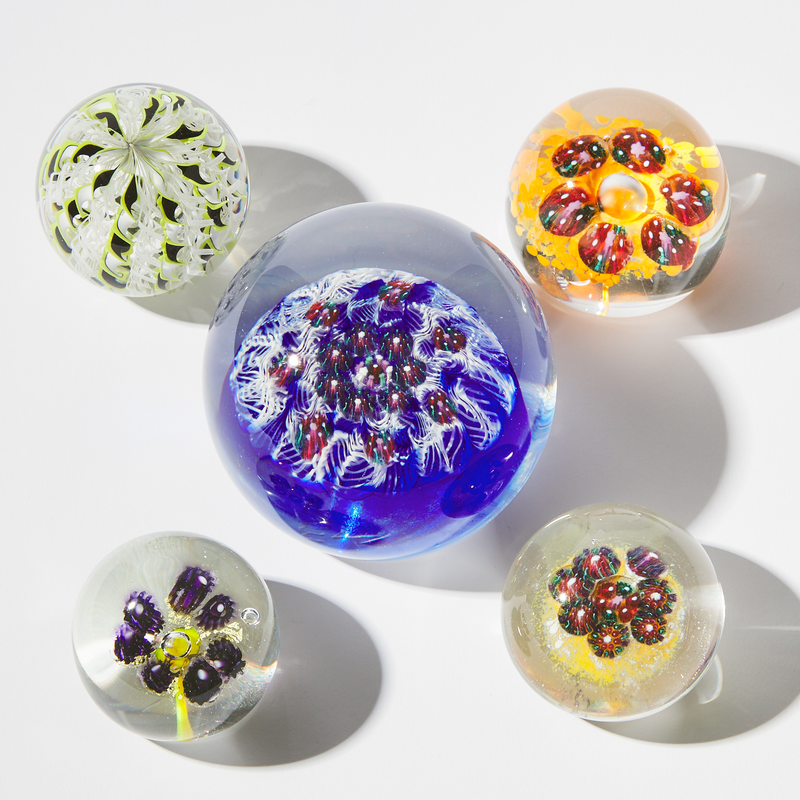 Virginia Wilson Toccalino (Canadian), Five Glass Paperweights, c.1997
