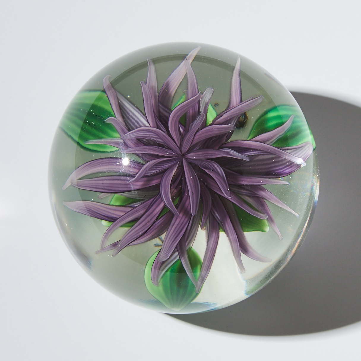 Steven Lundberg (American, 1953-2008), Violet Chrysanthemum Glass Paperweight, 1988