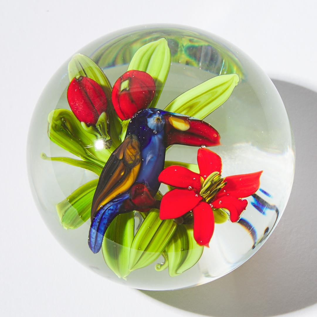 Rick Ayotte (American, b.1944), Miniature Toucan and Flower Glass Paperweight, 2004