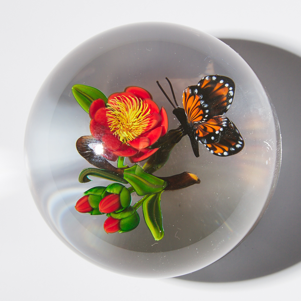 Ken Rosenfeld (American, b.1950), Flower and Monarch Butterfly Glass Paperweight, 2001
