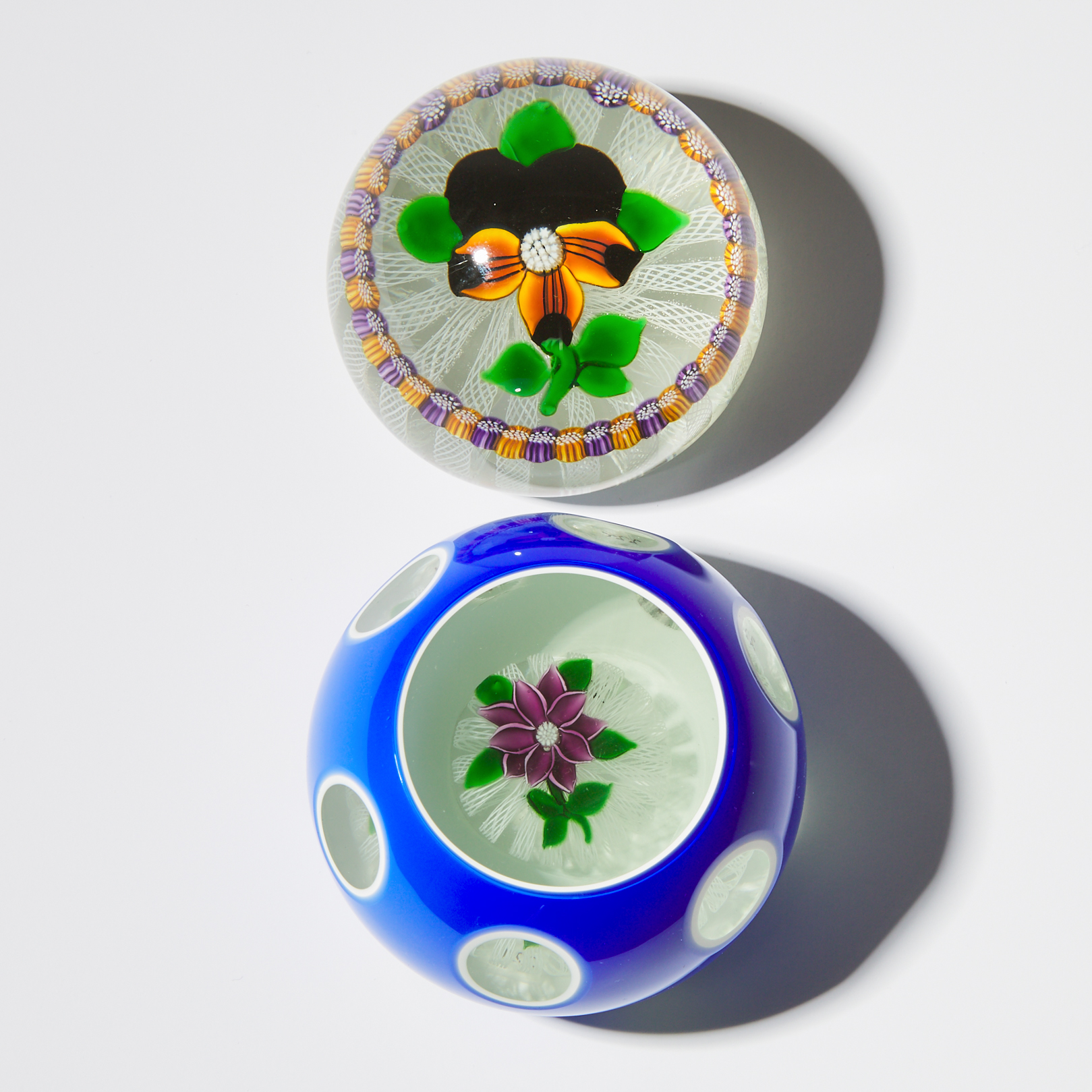 John Deacons (Scottish, b. 1950), Double Overlay and Pansy Glass Paperweights, 1998