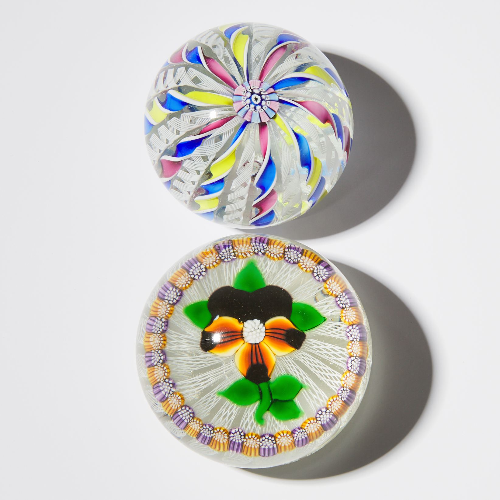 John Deacons (Scottish, b. 1950), Crown Millefiori and Pansy Glass Paperweights, 1997/2000