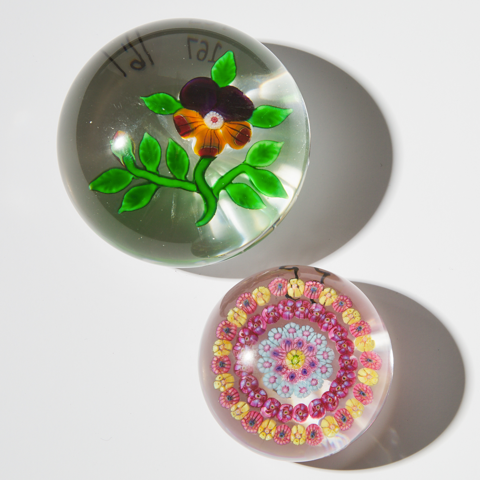 Baccarat Dupont Pansy and Concentric Millefiori Glass Paperweights, c.1930-50