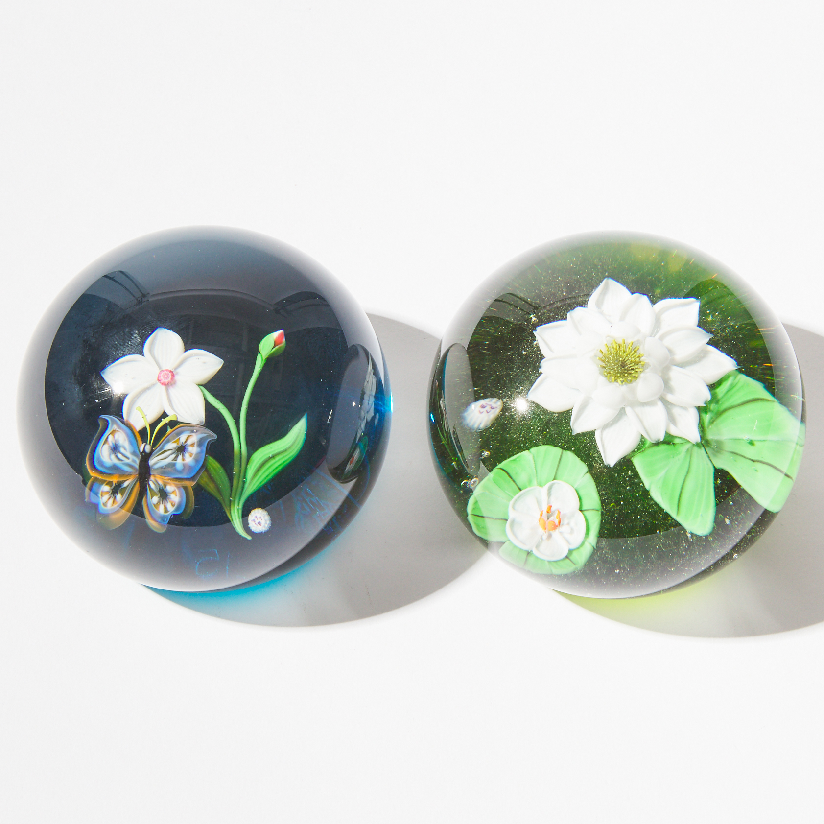 Baccarat Water Lilies and Butterfly Glass Paperweights, 1977