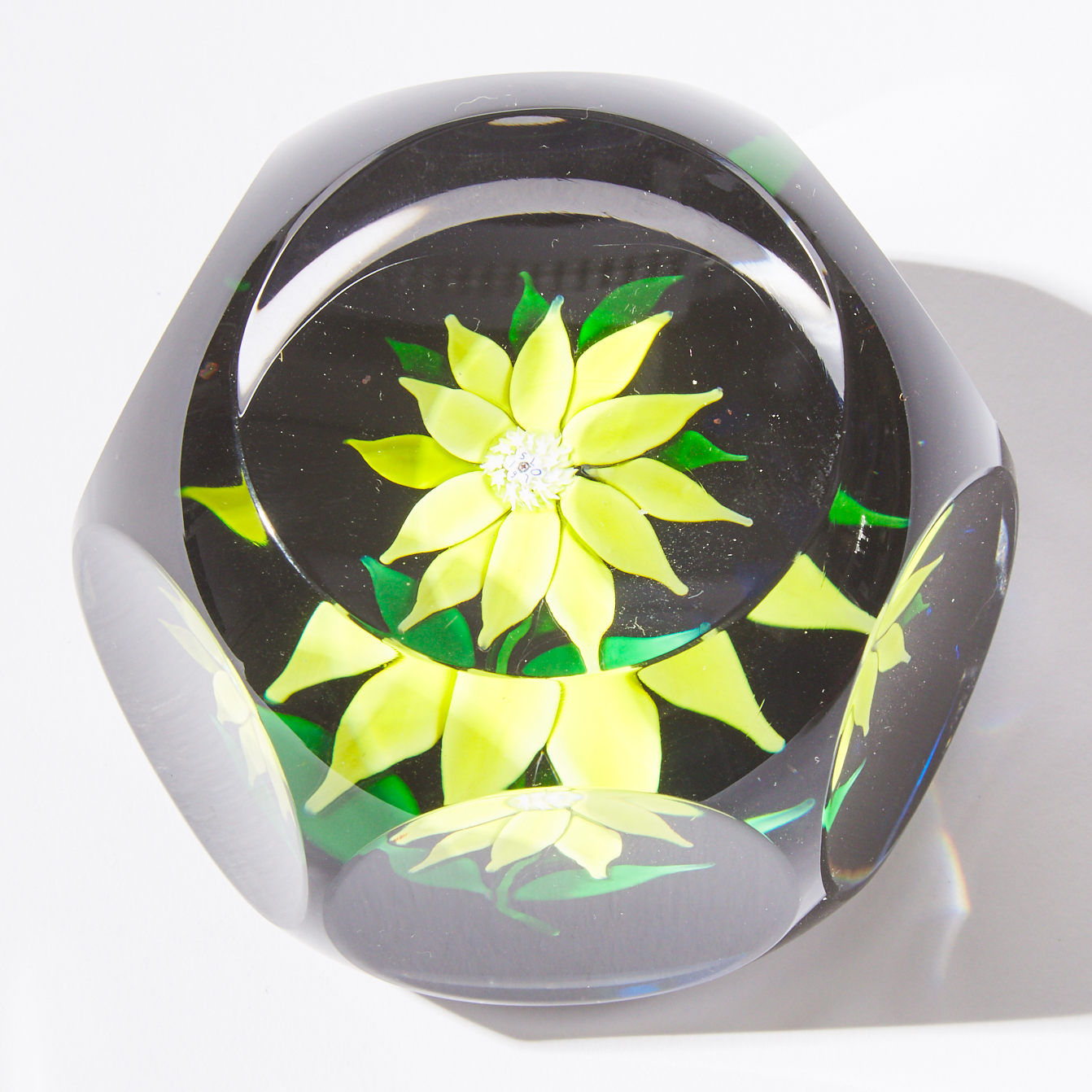 St. Louis Yellow Clematis Faceted Glass Paperweight, 1970