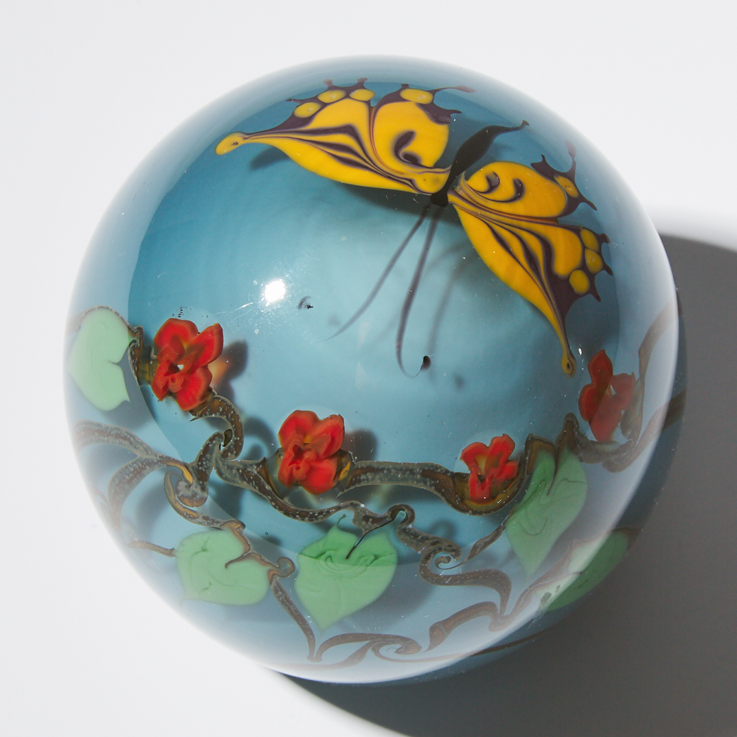 Chris Buzzini (American, b. 1949), Butterfly and Vines Glass Paperweight, 1977