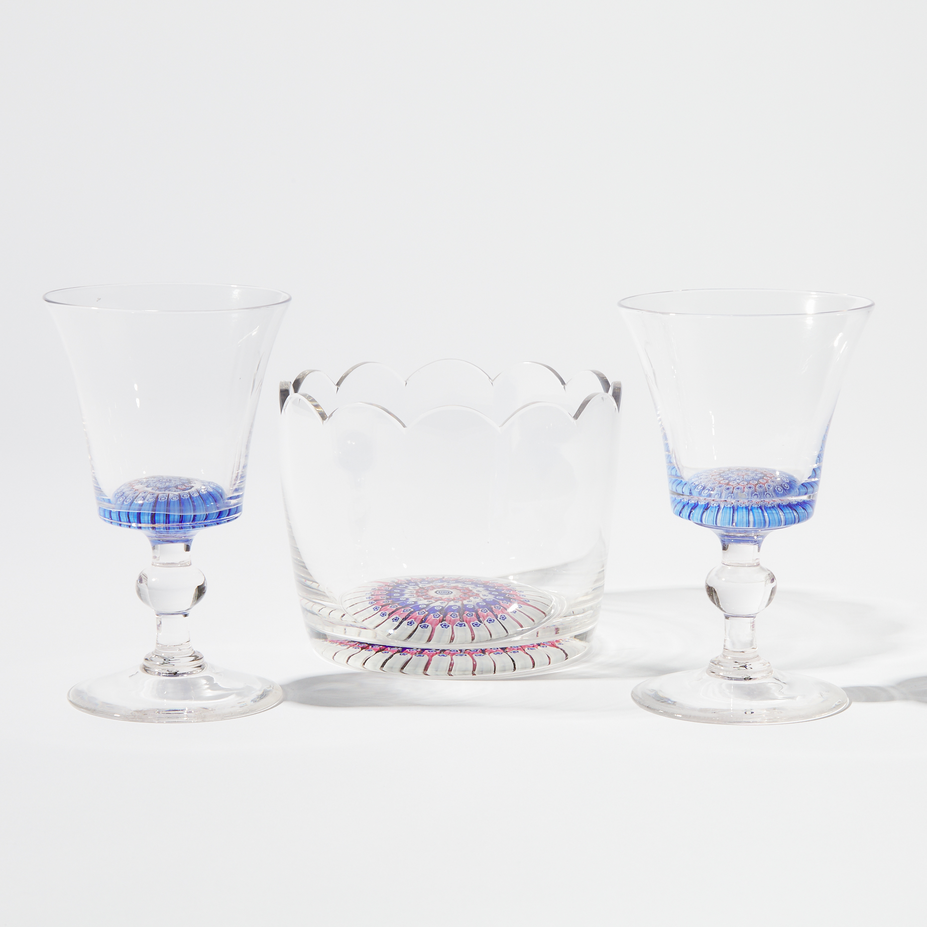 Pair of Whitefriars Concentric Millefiori Glass Goblets and Scalloped Edge Bowl, 20th century