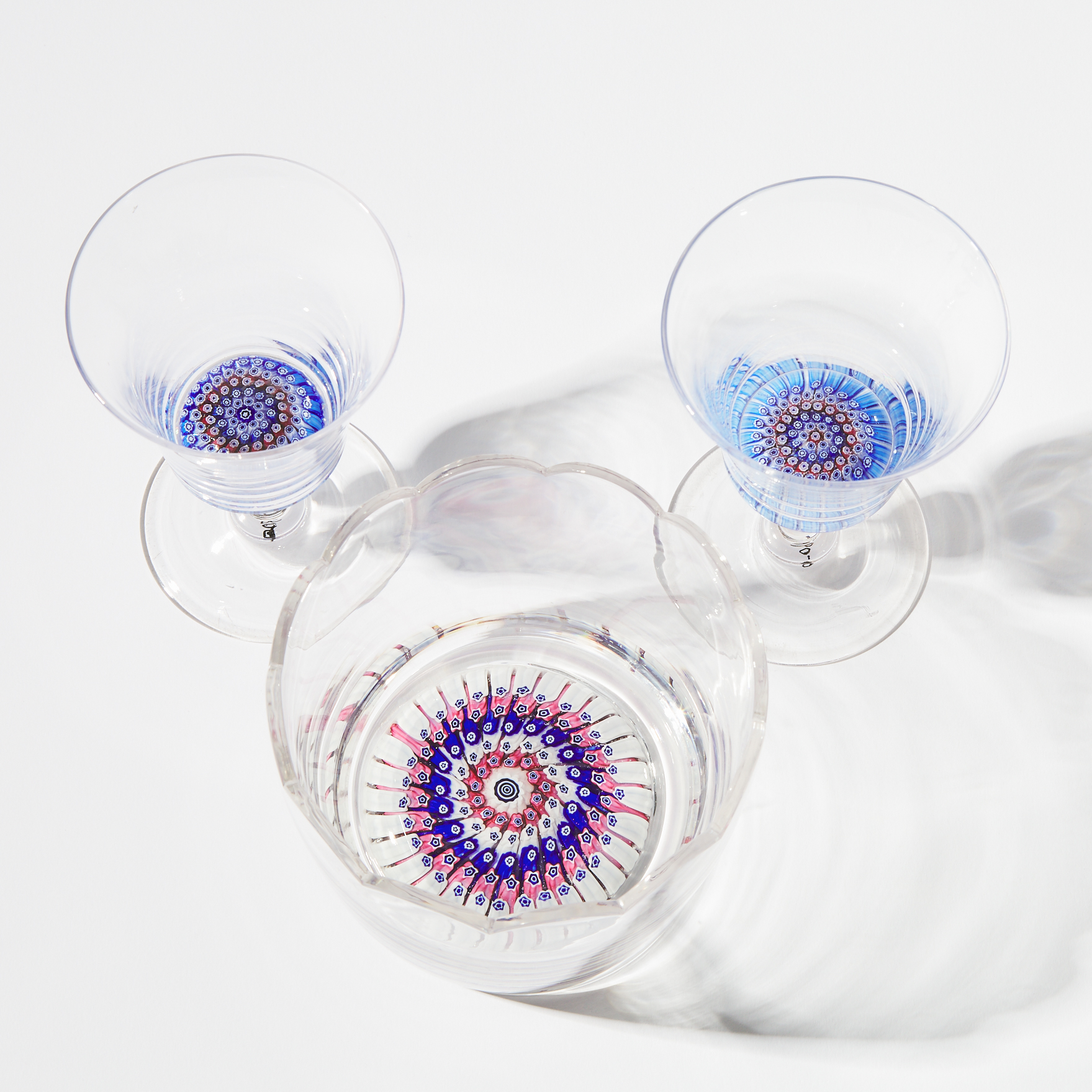 Pair of Whitefriars Concentric Millefiori Glass Goblets and Scalloped Edge Bowl, 20th century