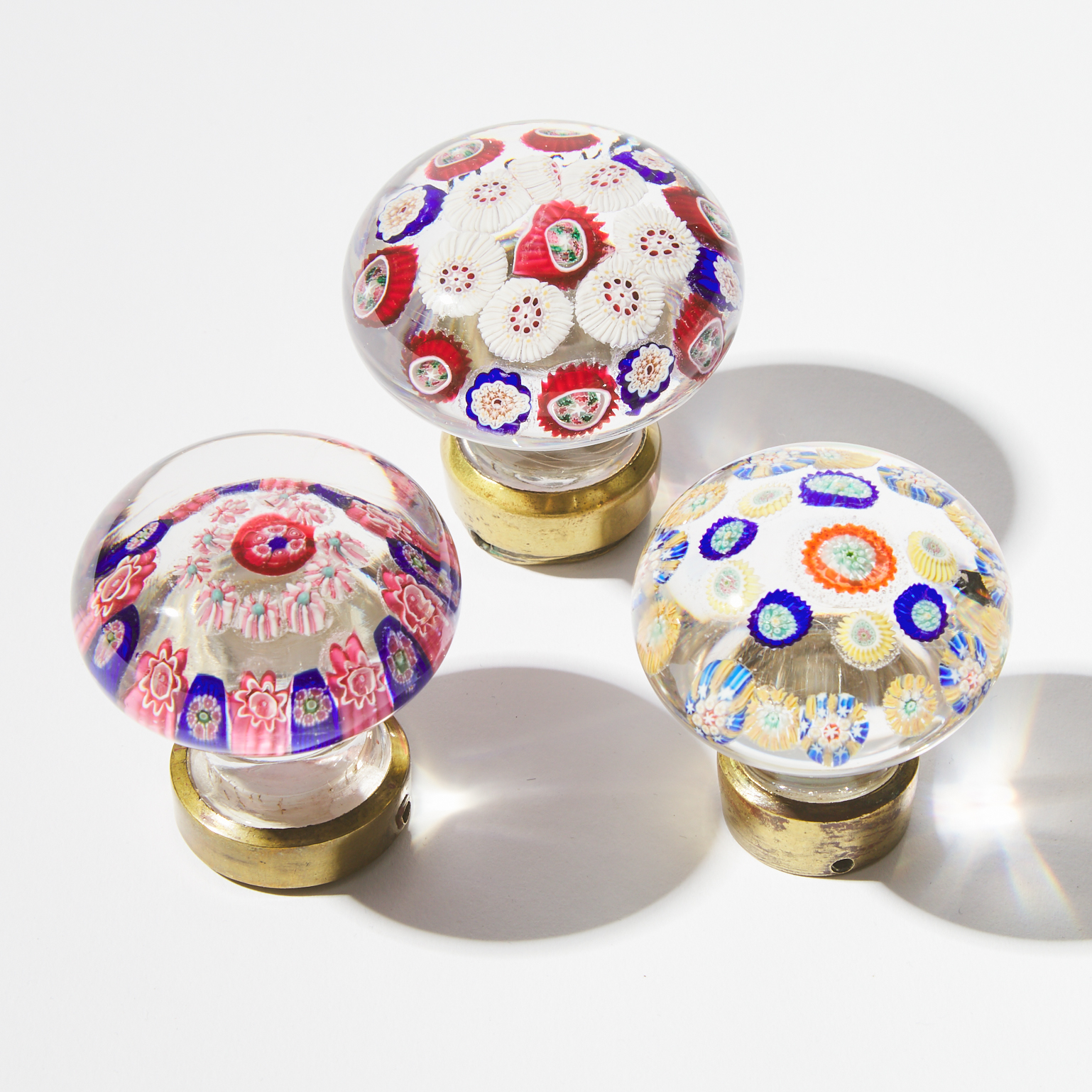 Three Bohemian Concentric Millefiori Glass Door Knobs, early 20th century