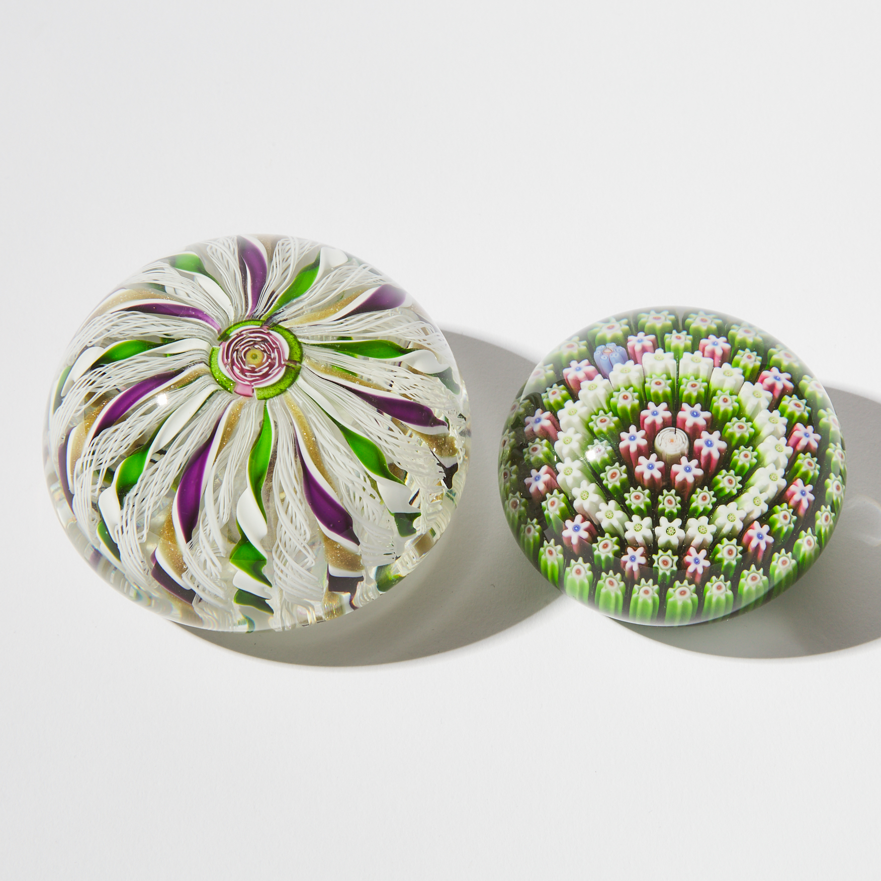Two Parabelle Crown and Concentric Millefiori Glass Paperweights, 1990s