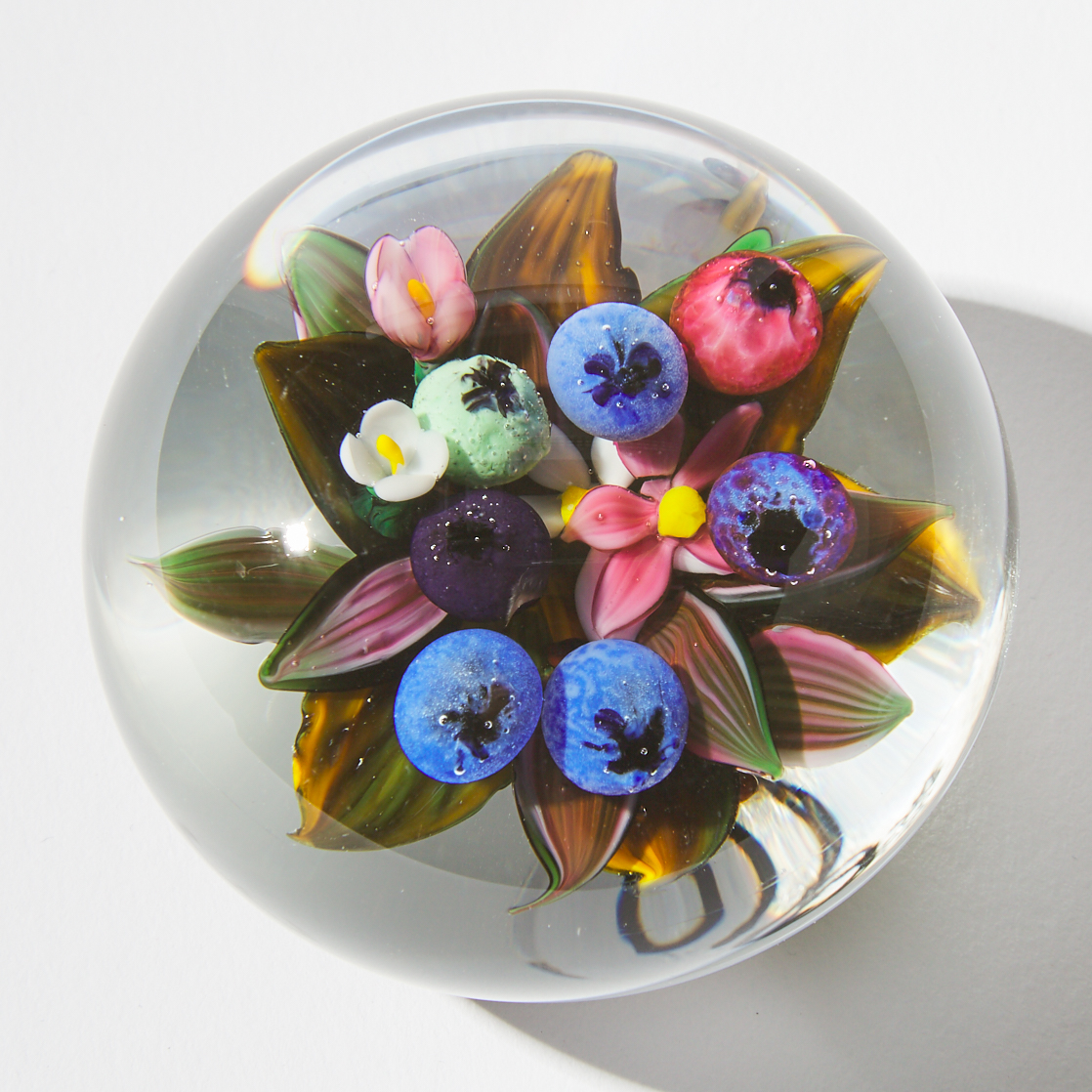 Melissa Ayotte (American, b.1971) Miniature Blueberries and Flowers Glass Paperweight, 2004