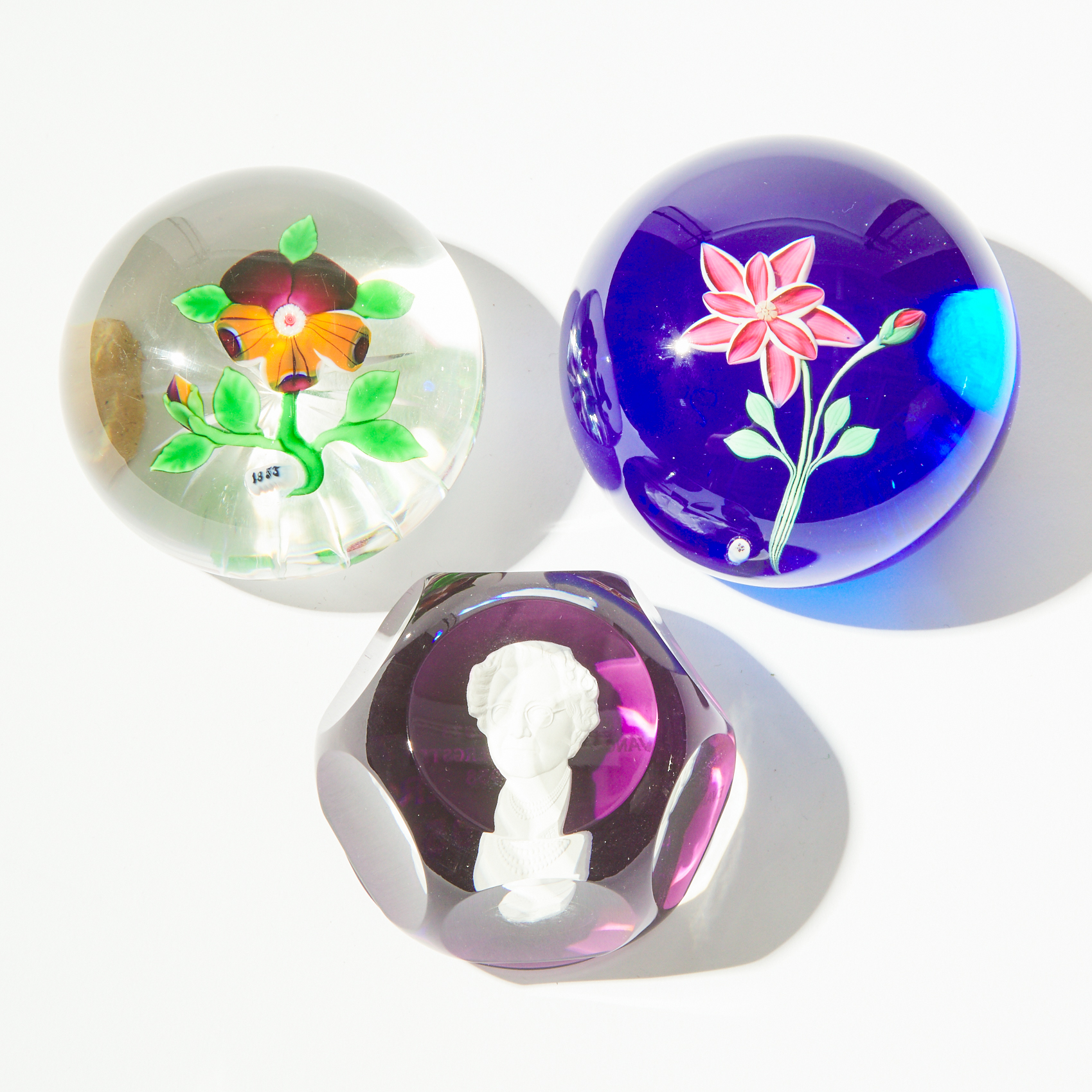 Baccarat Dupont Pansy, Clematis, and Sulphide Glass Paperweights, c.1930/1973