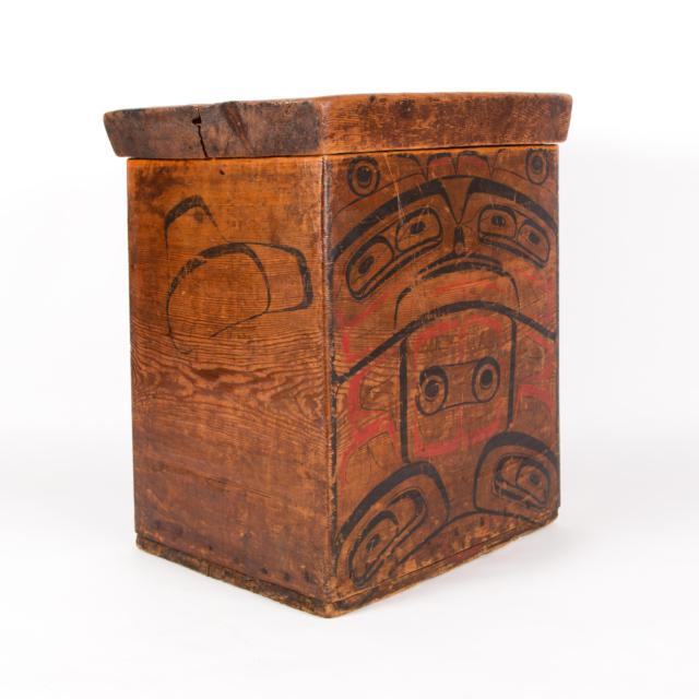A PAINTED HAIDA BENTWOOD BOX WITH LID CA. 1852 