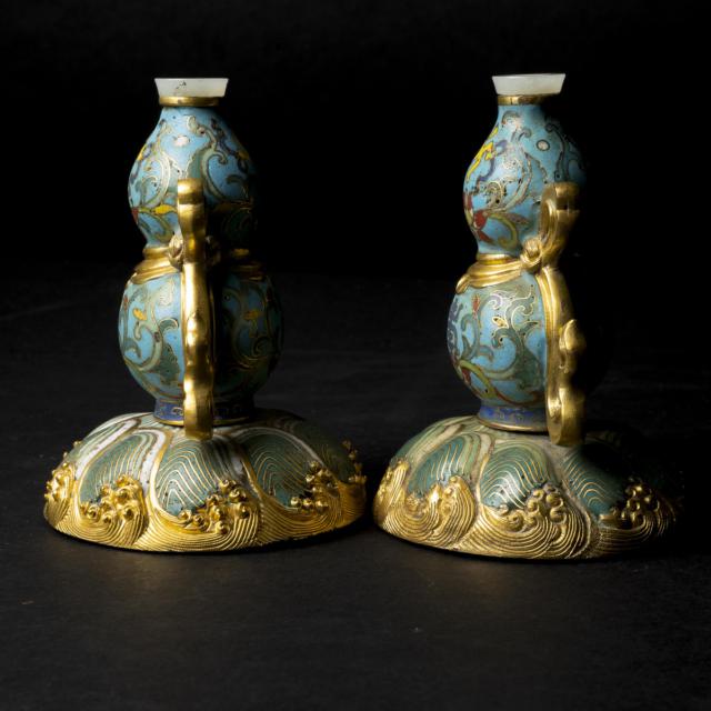A Pair of Cloisonné Enamel White Jade Mounted 'Double Gourd' Vases, 18th Century 
