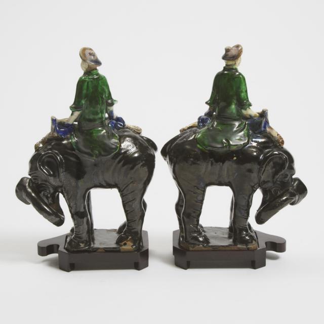 A Pair of Shiwan-Glazed Elephant Riders, 19th Century