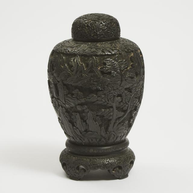 A Rare Carved Black Lacquer 'Scholar Landscape' Jar, Cover and Stand, 19th Century