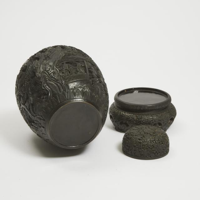 A Rare Carved Black Lacquer 'Scholar Landscape' Jar, Cover and Stand, 19th Century