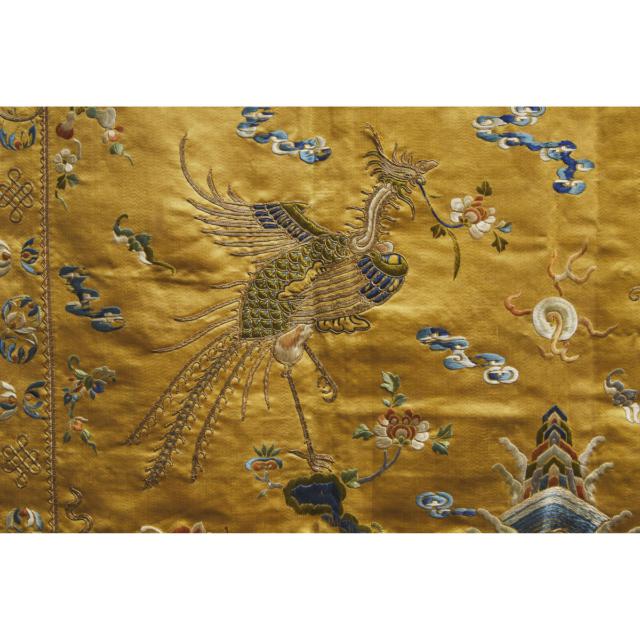 A Yellow-Ground Embroidered 'Dragon and Phoenix' Panel, Qing Dynasty, Early 19th Century