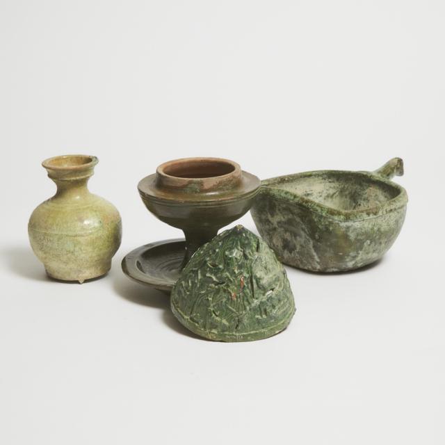 A Group of Three Green-Glazed Pottery Vessels, Han Dynasty (206 BC-AD 220)