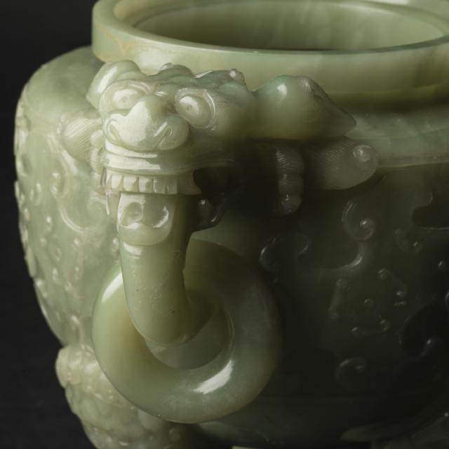 A Large Celadon Jade Tripod Censer and Cover, 19th Century