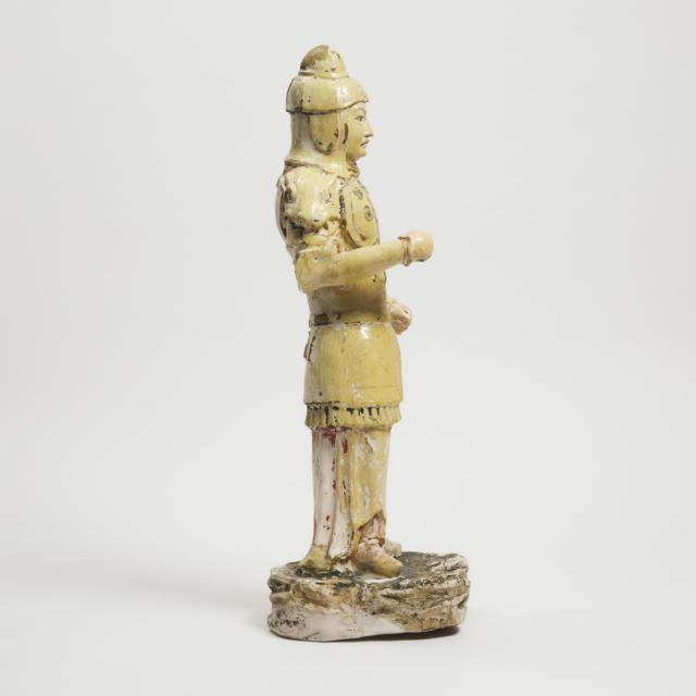 A Rare Partial Gilt Straw-Glazed Pottery Figure of a Warrior, Sui Dynasty (AD 581-618)