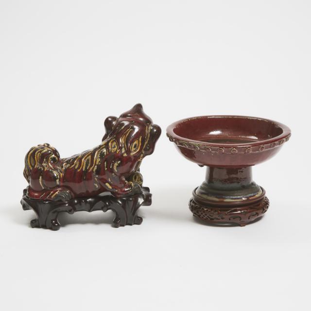A Shiwan Red-Glazed Lion, Together With a Shiwan Flambé Footed Bowl, 19th/20th Century