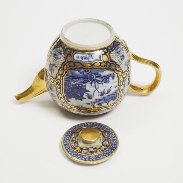 A Chinese Export Gilt-Decorated Blue and White 'Landscape' Teapot, Qianlong Period, Circa 1750