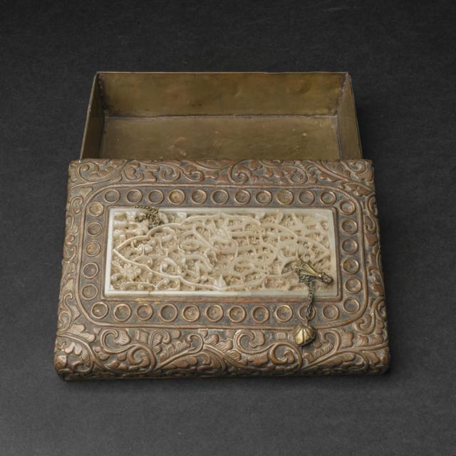 A White Jade 'Dragon' Belt Plaque, Ming Dynasty, Later Mounted as a 19th Century Gilt Copper Box