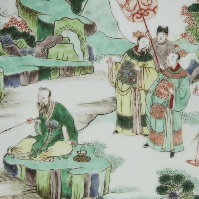 A Large and Rare Famille Verte Wucai 'Jiang Ziya' Dish, Kangxi Period (1662-1722)