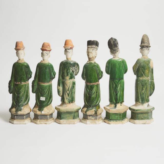 A Set of Six Large Sancai-Glazed Pottery Attendants, Ming Dynasty (1368-1644)