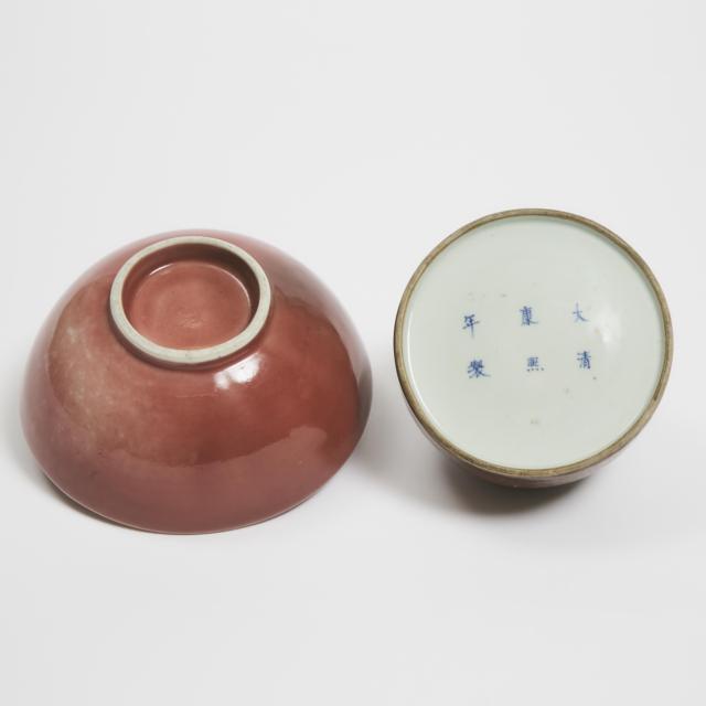 A Peachbloom-Glazed Beehive Water Pot (Taibai Zun), Kangxi Mark, 19th Century, Together With a Peachbloom-Glazed Bowl, 18th Century