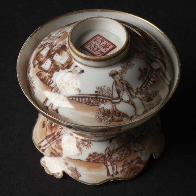 A Rare Gilt-Decorated Cafe-Au-Lait 'Scholar' Tea Bowl, Cover and Stand, 18th Century